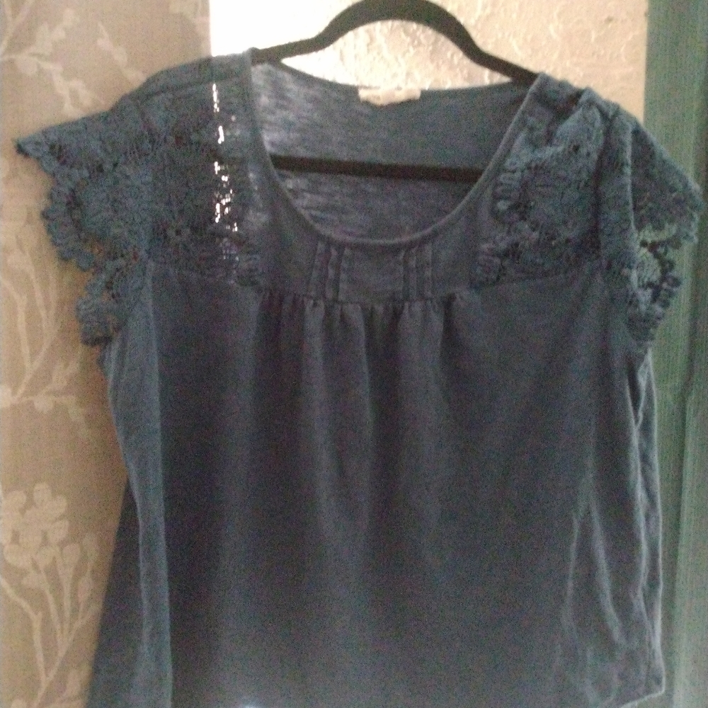 Light blue peasant shirt with lace